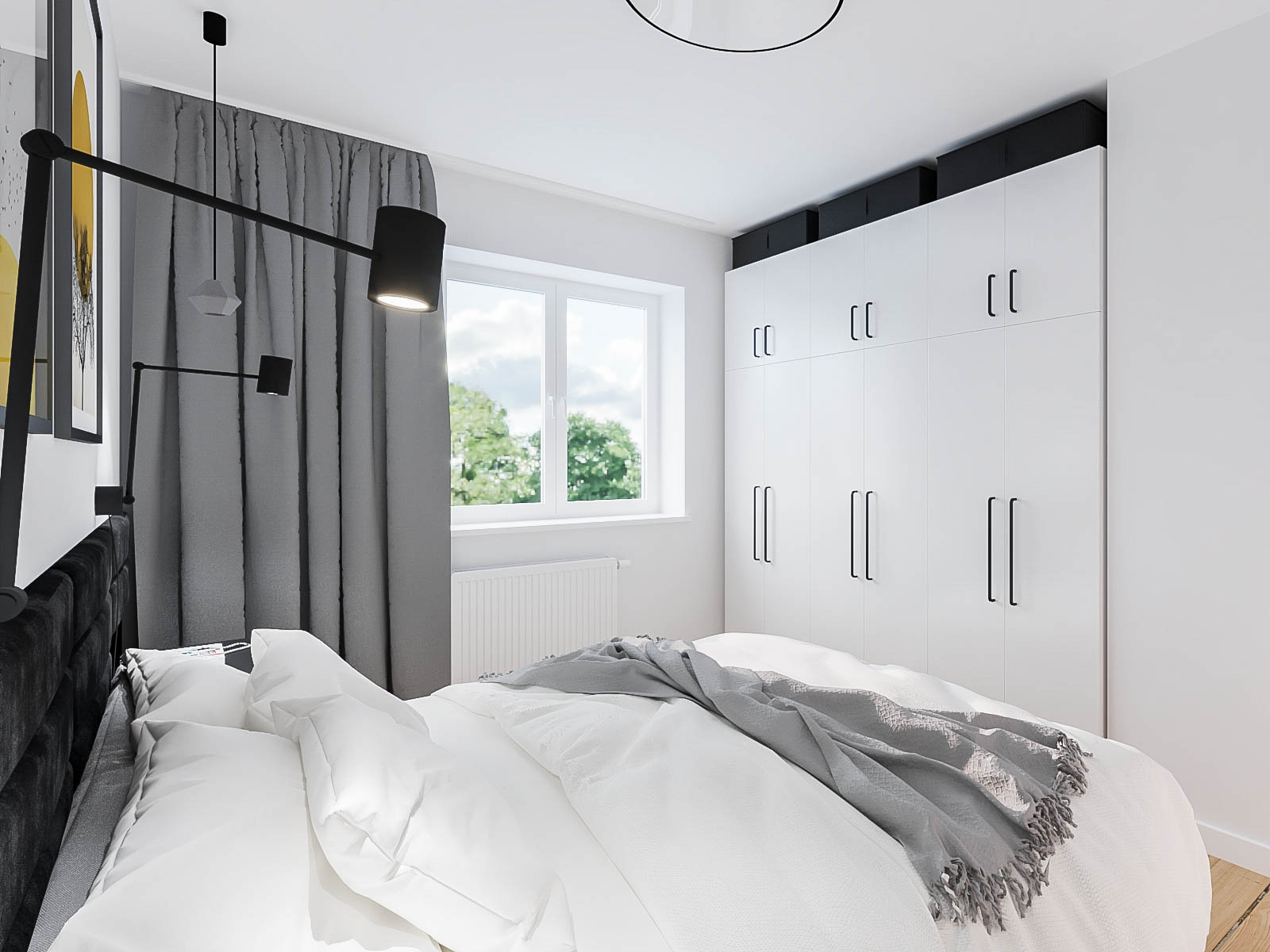 aranżacja wnętrza jasnej sypialni z białymi szafami z Ikea