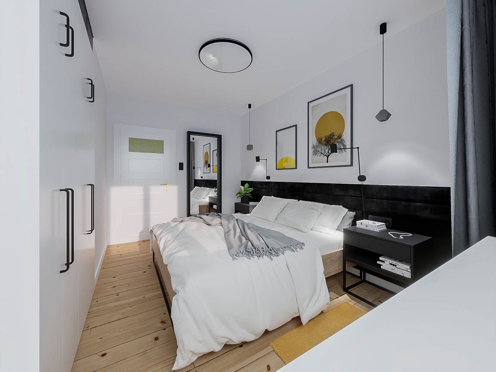 projekt aranżacji wnętrza sypialni z drewnianym łóżkiem i czarnym tapicerowanym zagłówkiem